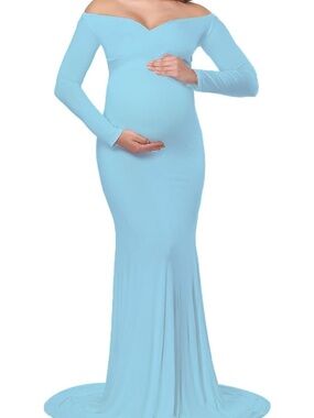 Off-Shoulder Light Blue Maternity Gown